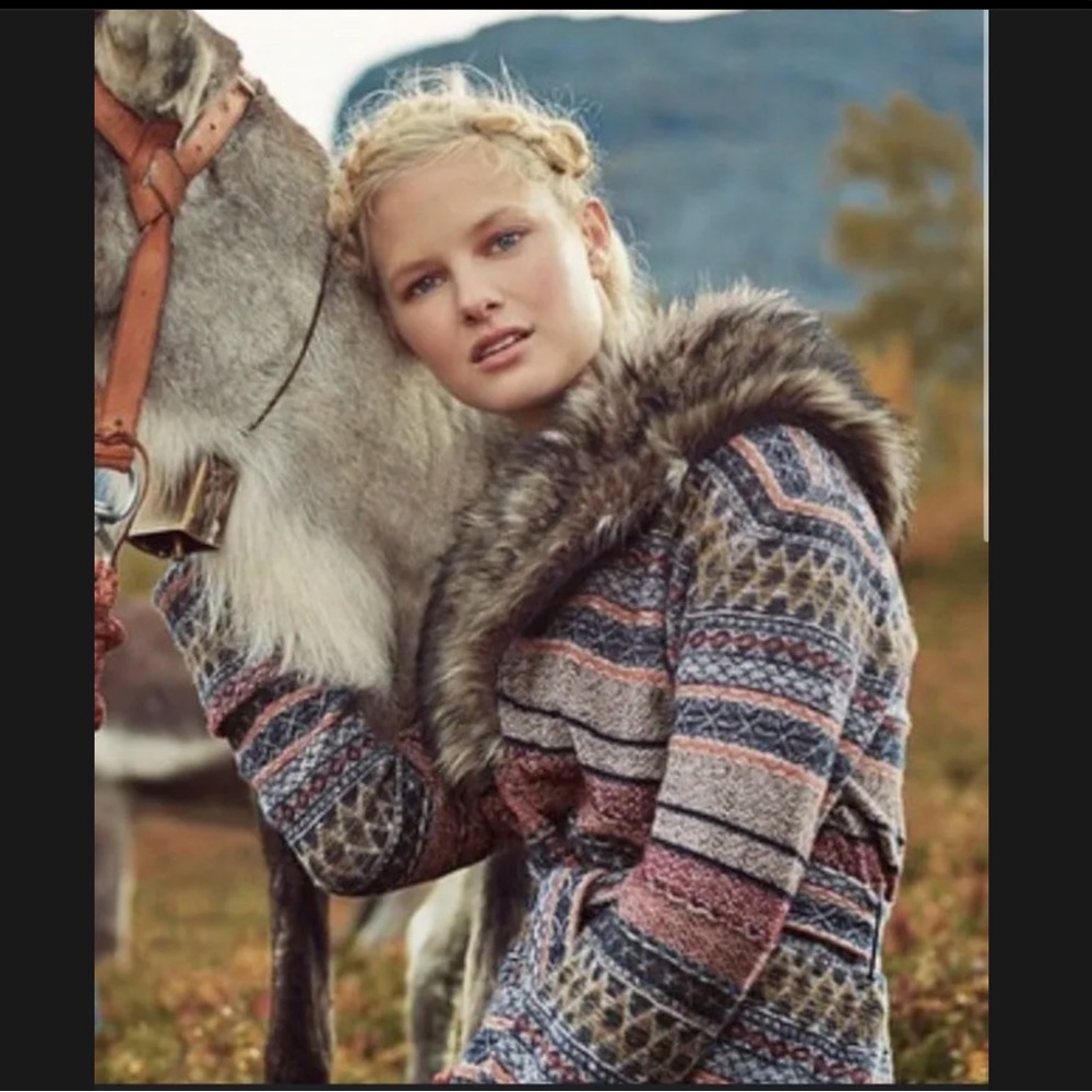 Anthropologie Angel of the north belted sweater jacket faux fur hood